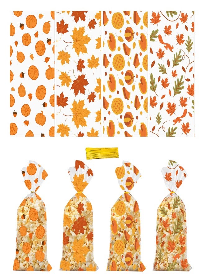 Jocomoni 100PCS Thanksgiving Cellophane Treat Bags, Clear Plastic Goodie Candy Bag with Twist Ties for Thanksgiving Fall Birthday Party Favor Supply（4 Style） - Image 1